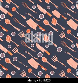 Kitchen utensils hand drawn cartoon style seamless pattern Stock Vector