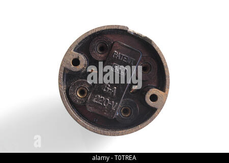 Antique switch on off bakelite back, isolated on white background, close-up Stock Photo