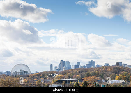 MONTREAL, CANADA - NOVEMBER 8, 2018: Montreal skyline, with iconic buildings of the CBD business skyscrapers and the Biosphere seen from Jean Drapeau  Stock Photo