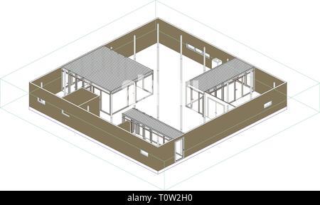 Wireframe perspective of a modern house in Japan. Stock Vector