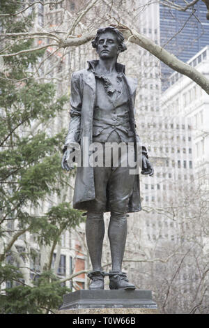 Nathan Hale is an artistic work which was unveiled by the Sons of the Revolution in the State of New York during the celebration of Evacuation Day (New York), November 25, 1893. It is located near the steps of the NY City City Hall. Hale was hung by the British in 1776 as a revolutionary spy. Stock Photo