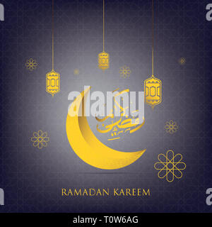Ramadan kareem arabic calligraphy greeting with crescent and lanterns Stock Photo