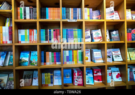 Colorful book shelves packed with books in a library. Stock Photo