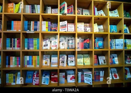 Colorful book shelves packed with books in a library. Stock Photo