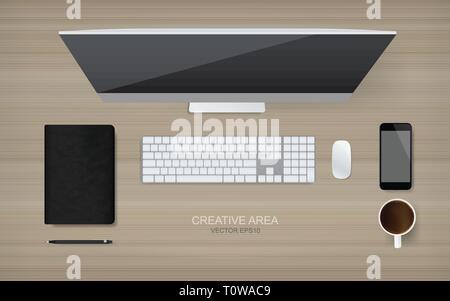 Top view of working space area and office object set. - Computer, keyboard, mouse, smartphone, coffee cup, notebook and pencil on wood background. Vec Stock Vector