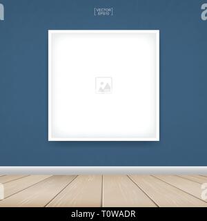 Empty photo frame or picture frame background in room space area with blue wall background and wooden floor. Vector idea for room design and interior  Stock Vector