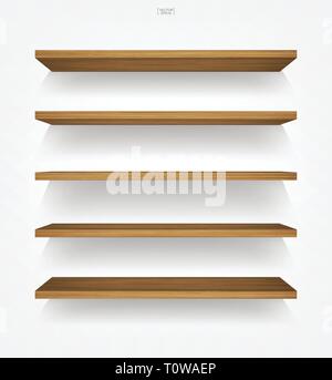 Empty wood shelf on white background with soft shadow. 3D empty wooden shelves on white wall. Vector illustration. Stock Vector