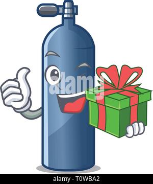 With gift miniature air tank diving character shape Stock Vector