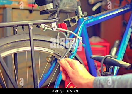 Man repair bicycle. Adjusting bike to prepare for the new bike season. Stock Photo