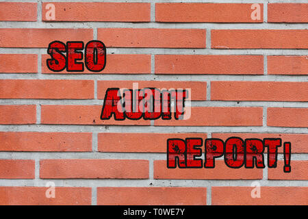 Word writing text Seo Audit Report. Business photo showcasing analysis website based on factors important search engines Brick Wall art like Graffiti  Stock Photo