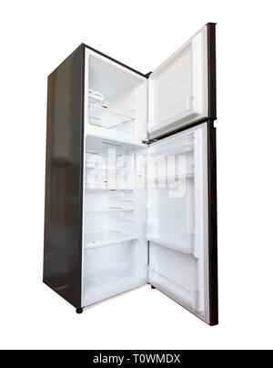 The open new fridge isolated on a white background. Empty refrigerator with open door. Stock Photo