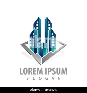 Skyscrapers building in 3D style concept design. Symbol graphic template element Stock Vector