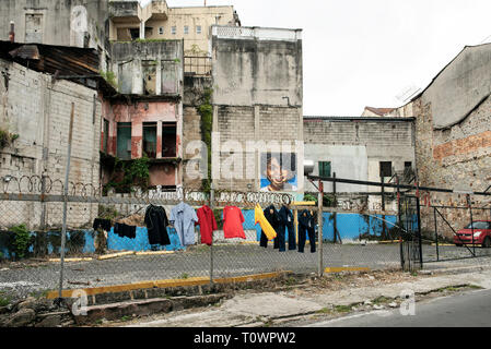 Car park and abandoned residential buildings. Intriguing street scene in Casco Viejo (Casco Antiguo). Panama City, Panama. Oct 2018 Stock Photo