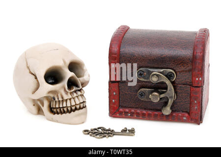 human skull with old treasure chest on white background Stock Photo