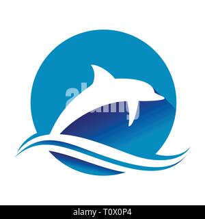Jumping Blue Dolphin Ocean Wave Circle Shape Vector Symbol Graphic Logo Design Template Stock Vector