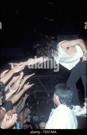 Front row concert fans are shown reaching out to touch the hand of the singer on stage during a 'live' concert performance. Stock Photo