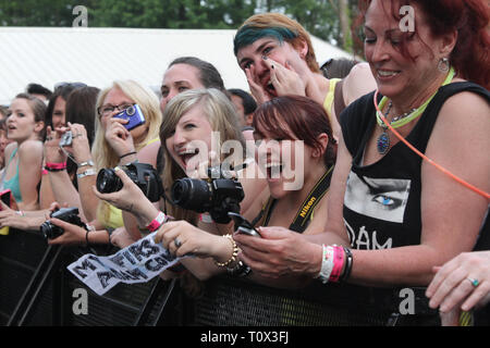 Happy front row fans are shown before the start of an outdoor concert performance. Stock Photo