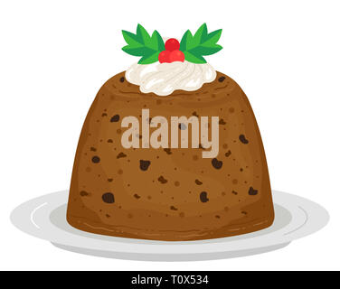 Illustration of a Plum Pudding with Mistletoe on a Plate for Christmas; a Traditional Dessert Stock Photo