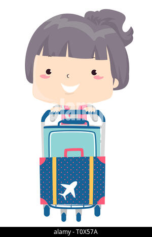 Illustration of a Kid Girl Pushing a Baggage Cart with Her Luggage at the Airport Stock Photo