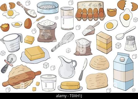 Different dough items and kitchen accessories isolated on white background.  Stock Vector