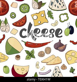 Seamless pattern with cheese and vegetables on white background. Different cheese collection Stock Vector