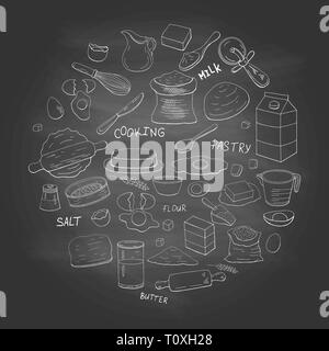 Vintage different dough items and kitchen accessories in circle shape on chalkboard Stock Vector