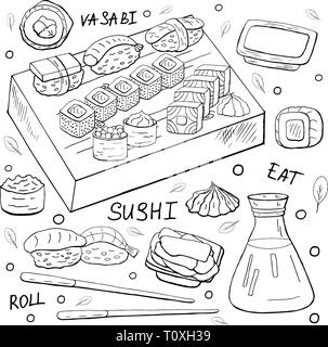 Japan sushi elements outline on white background. Vector sushi collection black and white Stock Vector