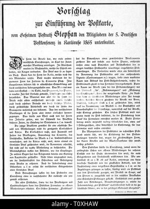 mail, postcards, Germany, introduction, memoir of the Prussian postal councillor Heinrich Stephan at the 5th German postal conference, Karlsruhe, 30.11.1865, Additional-Rights-Clearance-Info-Not-Available Stock Photo