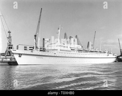 transport / transportation, navigation, steamships, passenger ship 'Europa' of the Norddeutscher Lloyd, built by De Schelde, Vlissingen, in commission 1953 - 1984, view, at the port, circa 1970, 1953 - 1965 Kungsholm, 1981 - 1984 Columus C, steamer, steamers, cruiser, cruisers, luxury liner, 1960s, 20th century, 1970s, transport, transportation, steamship, steamships, passenger ship, passenger ships, view, views, harbour, harbor, harbours, harbors, port, ports, historic, historical, Additional-Rights-Clearance-Info-Not-Available Stock Photo