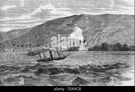 Hispano-Moroccan War 1859 - 1860, bombardement of Tetuan by the Spanish steam corvette 'Rosalie', 4.- 5.2.1860, contemporary wood engraving, First Hispano - Moroccan war, colonial war, warship, warships, corvette, corvettes, Spanish navy, coast, shore, coasts, shores, Atlantic Ocean, Atlantic, sea, seas, shelling, shellings, Kingdom of Morocco, Kingdom of Spain, Africa, 19th century, bombardment, bombardments, historic, historical, Additional-Rights-Clearance-Info-Not-Available Stock Photo