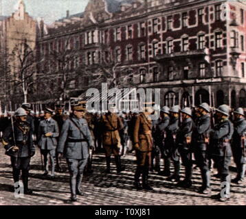 politics, Inter-Allied occupation in Gdansk, parade French troops on the Oliva-Platz, 19.2.1920, coloured photograph, cigarette card, series 'Die Nachkriegszeit', 1935, Free City of Danzig, Oliva square, free state, free states, League of Nations, clause of the treaty of Versailles, Treaty of Versailles, military, entente, French, soldiers, soldier, people, Prussia, Germany, German Reich, Weimar Republic, 1920s, 20th century, politics, policy, parade, parades, coloured, colored, post war period, post-war period, post-war years, post-war era, hist, Additional-Rights-Clearance-Info-Not-Available Stock Photo