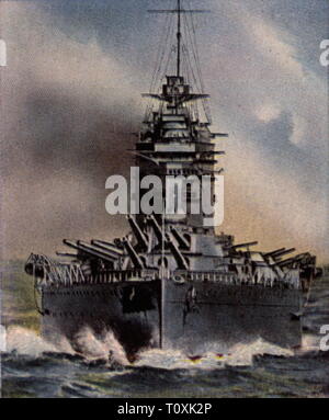 transport / transportation, navigation, warships, British battleship HMS 'Rodney', in commission 1927 - 1946, view, 1927, coloured photograph, cigarette card, series 'Die Nachkriegszeit', 1935, ships, ship, man-of-war, British navy, Royal Navy, sea, seas, naval forces, military, 1920s, 20th century, transport, transportation, warship, warships, battleship, battleships, coloured, colored, post war period, post-war period, post-war years, post-war era, historic, historical, Additional-Rights-Clearance-Info-Not-Available Stock Photo