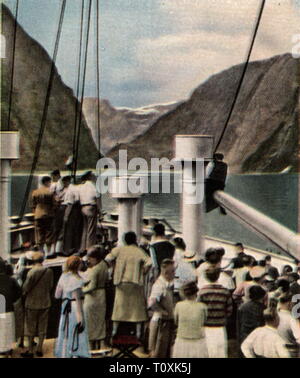 Nazism / National Socialism, organisations, Deutsche Arbeitsfront (German Labour Front, DAF), Kraft durch Freude (Strength Through Joy, KdF), journey, sea cruise with the KdF Ship 'Der Deutsche' to Norway, 1934, coloured photograph, cigarette card, series 'Die Nachkriegszeit', 1935, ship, ships, ship voyage, ship voyages, holiday, vacation, holidays, leisure time, free time, spare time, fjord, fiord, firth, fiard, inlet, fjords, fiords, fjord cruise, Nazi, Nazis, Germany, German Reich, Third Reich, people, 20th century, 1930s, organisations, orga, Additional-Rights-Clearance-Info-Not-Available Stock Photo