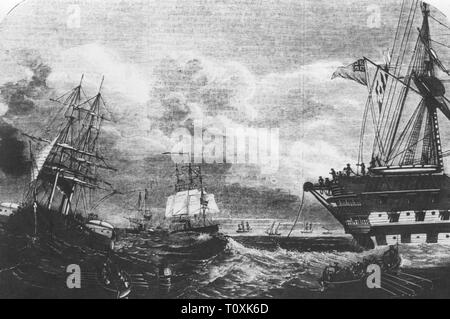 mail, telegraphy, Atlantic cable, laying 1857 - 1858, the ships HMS Agamemnon and USS Niagara begin with the laying, 1857, contemporary wood engraving, 'Illustrierte Zeitung', Leipzig, transatlantic communications cable, undersea cable, undersea cables, telegraph cable, laying, lay, lays, laid, lay cable, lay tiles, oversea connection, people, unroll, unrolling, navigation, Atlantic Ocean, Atlantic, USA, United States of America, Great Britain, 19th century, mail, post, ships, ship, begin, start, historic, historical, Additional-Rights-Clearance-Info-Not-Available Stock Photo