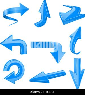 Blue set arrows. 3d shiny icons Stock Vector
