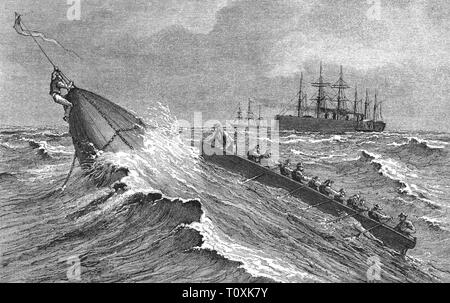mail, telegraphy, Atlantic cable, laying 1865 - 1866, buoy with the fetched up cable, wood engraving, 1887, 'Great Eastern', transatlantic communications cable, undersea cable, undersea cables, telegraph cable, laying, lay, lays, laid, lay cable, lay tiles, oversea connection, labour, labor, working, work, people, repair, repairing, ship, ships, navigation, Atlantic Ocean, Atlantic, sea, seas, waves, wave, boats, dinghy, dinghies, rowboat, rowing boat, rowboats, 19th century, mail, post, moving, transfer, transferral, shifting, buoy, buoys, cable, Additional-Rights-Clearance-Info-Not-Available Stock Photo