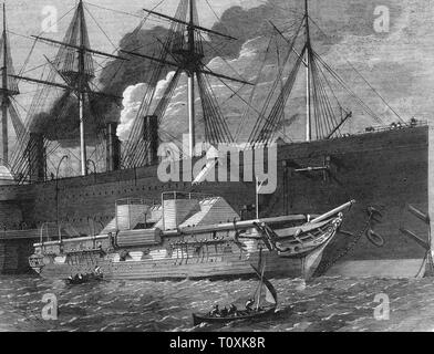mail, telegraphy, Atlantic cable, laying 1865 - 1866, loading of the cable on the ship 'Great Eastern', wood engraving, 'The London Illustrated News', 1865, cable-laying ship, auxiliary ship, transatlantic communications cable, undersea cable, undersea cables, telegraph cable, laying, lay, lays, laid, lay cable, lay tiles, oversea connection, people, navigation, Atlantic Ocean, Atlantic, sea, seas, waves, wave, 19th century, mail, post, moving, transfer, transferral, shifting, loading, load, cable, cables, ship, ships, historic, historical, Additional-Rights-Clearance-Info-Not-Available Stock Photo