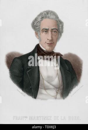 Francisco Martínez de la Rosa (1787-1862). Poeta, dramaturgo, político y diplomático español. Fue el primer presidente del Consejo de Ministros de España. Dibujo por Llanta. Litografía. Coloreada. Retrato. Crónica General de España, Historia Ilustrada y Descriptiva de sus Provincias. Andalucía, 1869. Stock Photo