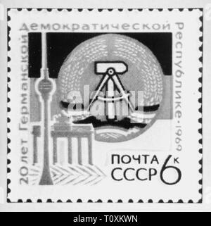 mail, postage stamps, Russia, 6 kopeks postage stamp, 20 years German Democratic Republic, date of issue: 1969, Additional-Rights-Clearance-Info-Not-Available Stock Photo