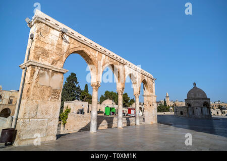 Scenery of old town of Jerusalem with arches and a mosque. main entrance to Dome of the Rock is a Muslim mosque Stock Photo