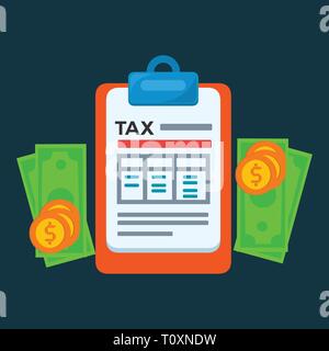 clipboard with tax document , coin ,  money for tax day concept vector illustration Stock Vector