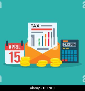 calendar, tax document , calculator , coin for tax day concept vector illustration Stock Vector