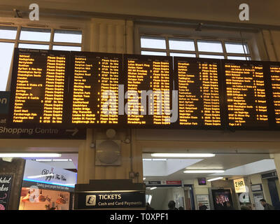 Departure screens at Wimbledon train station in London as overrunning engineering work at London Waterloo, the UK's busiest railway station, has caused major rush hour disruption. Stock Photo