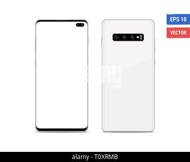 Realistic vector flat mock-up Samsung Galaxy S10+ with blank screen isolated on white background. Scale image any resolution Stock Vector