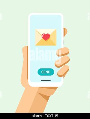 Hand holds the smartphone with love message on the screen. Flat vector modern phone mock-up illustration Stock Vector