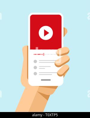 Hand holds the smartphone with video file on the screen. Flat vector modern phone mock-up illustration Stock Vector