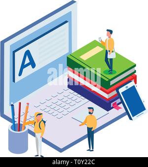 pile text books with laptop and mini people vector illustration design Stock Vector