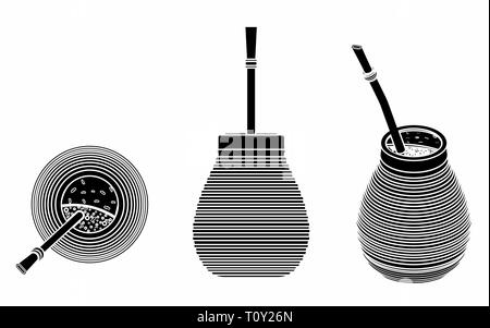 Cuia with Bombilia, water and Yerba mate for terere. Black fill. Stock Vector