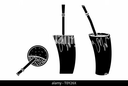 Cuia with water, Bombilia, and Yerba mate for terere. Horn style. Black fill. Stock Vector