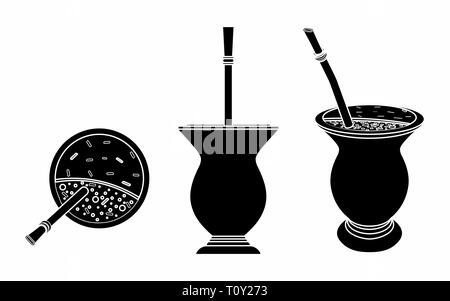 Cuia with Yerba mate, water and Bombilia. Black fill. Stock Vector
